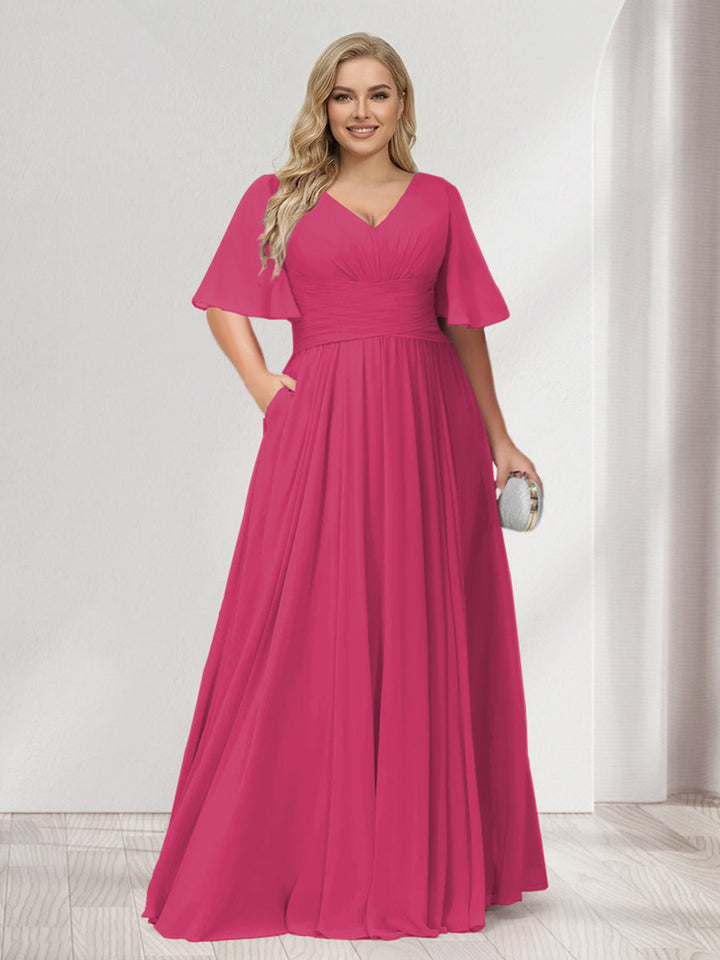 A-Line/Princess V-Neck Half Sleeves Chiffon Plus Size Bridesmaid Dresses with Pockets