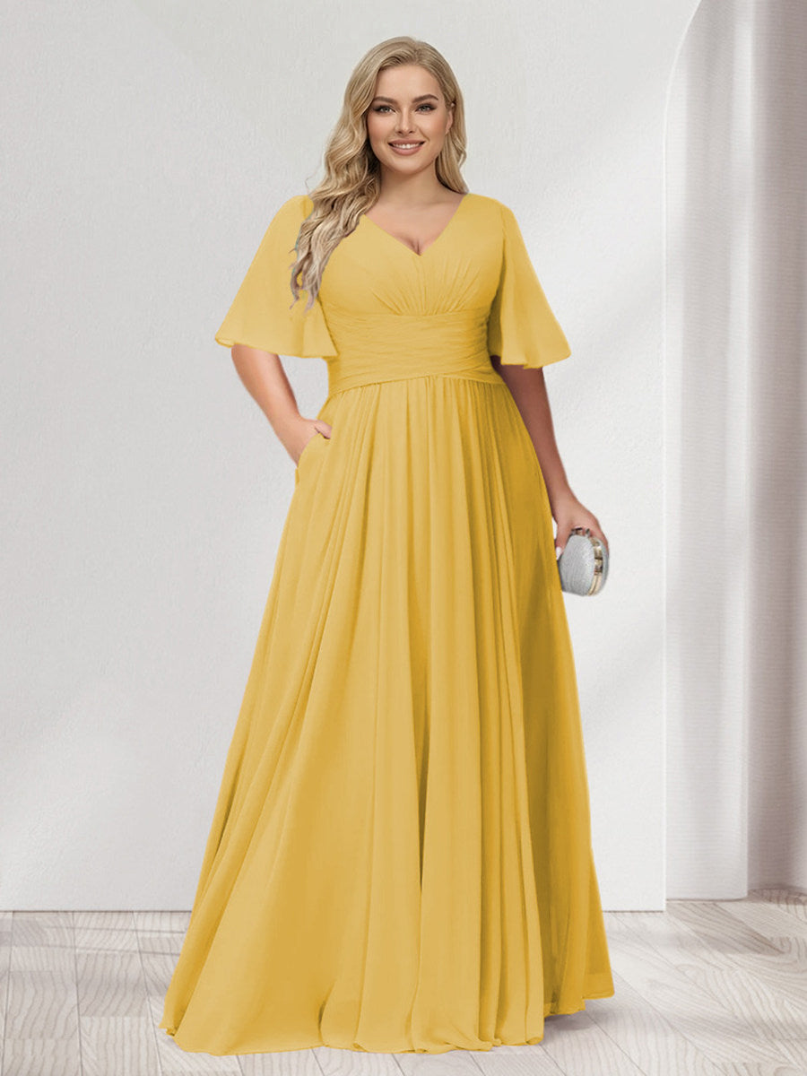 A-Line/Princess V-Neck Half Sleeves Chiffon Plus Size Bridesmaid Dresses with Pockets