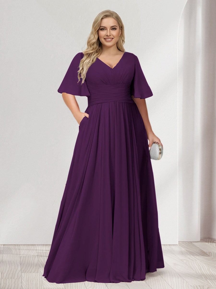 A-Line/Princess V-Neck Half Sleeves Chiffon Plus Size Bridesmaid Dresses with Pockets
