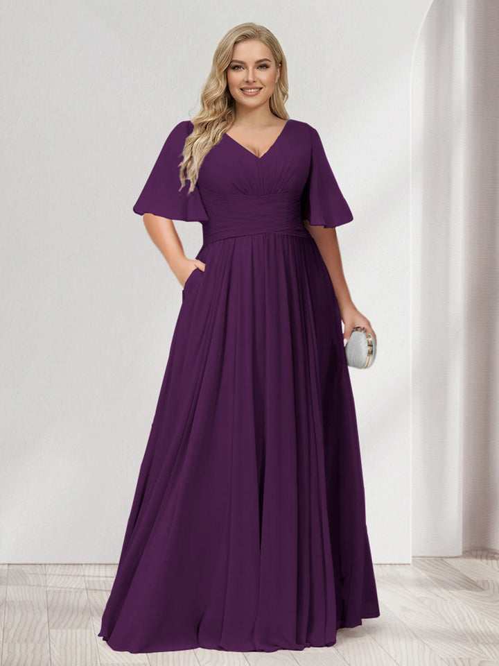 A-Line/Princess V-Neck Half Sleeves Chiffon Plus Size Bridesmaid Dresses with Pockets
