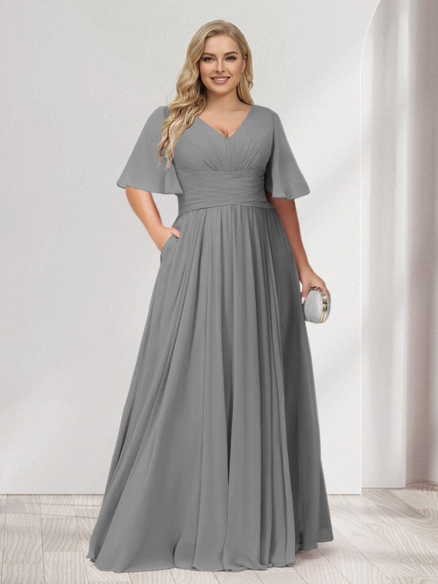 A-Line/Princess V-Neck Half Sleeves Chiffon Plus Size Bridesmaid Dresses with Pockets