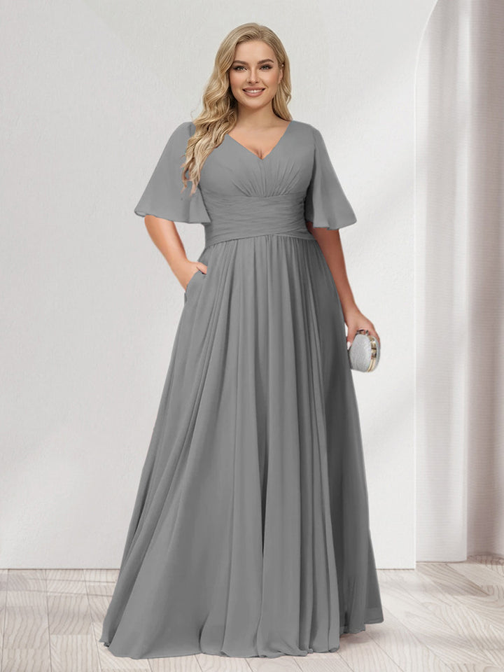 A-Line/Princess V-Neck Half Sleeves Chiffon Plus Size Bridesmaid Dresses with Pockets
