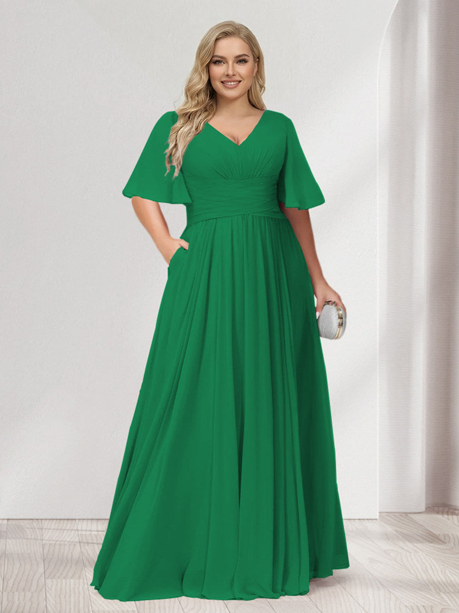 A-Line/Princess V-Neck Half Sleeves Chiffon Plus Size Bridesmaid Dresses with Pockets