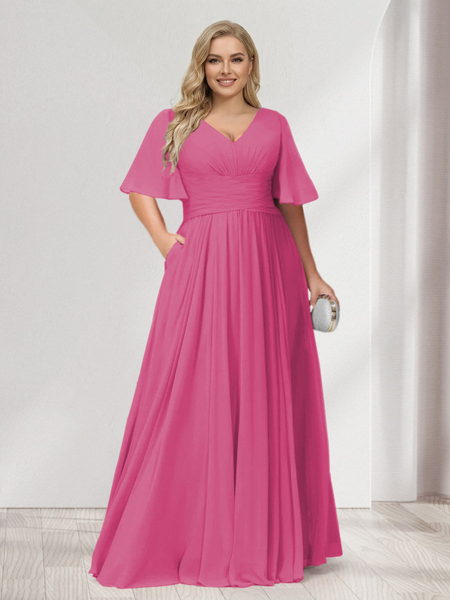 A-Line/Princess V-Neck Half Sleeves Chiffon Plus Size Bridesmaid Dresses with Pockets