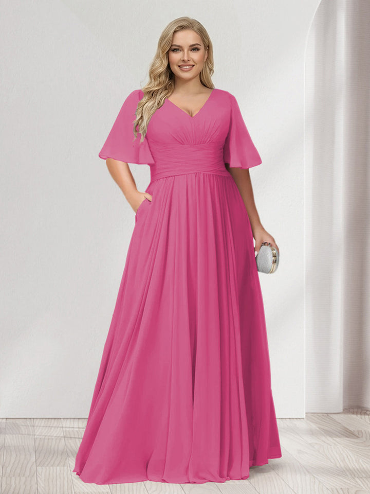 A-Line/Princess V-Neck Half Sleeves Chiffon Plus Size Bridesmaid Dresses with Pockets