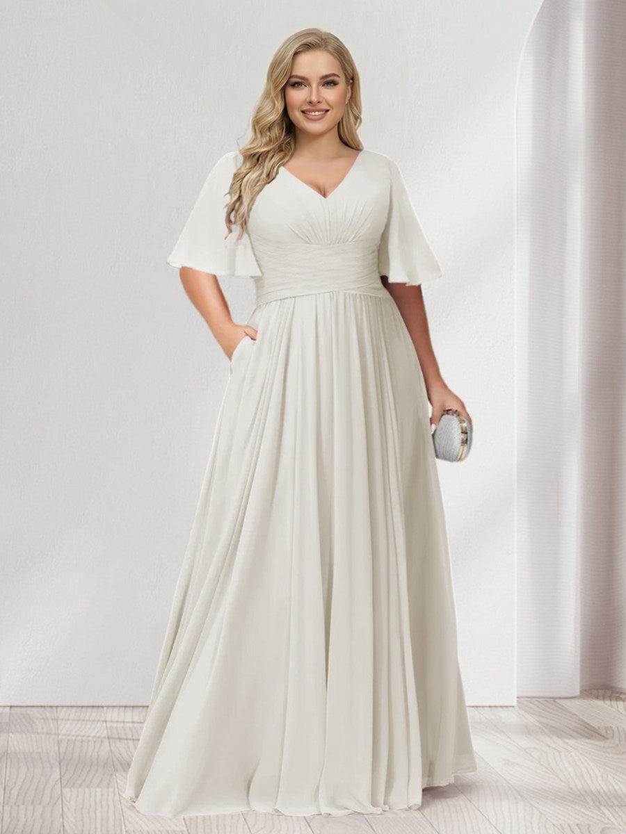 A-Line/Princess V-Neck Half Sleeves Chiffon Plus Size Bridesmaid Dresses with Pockets