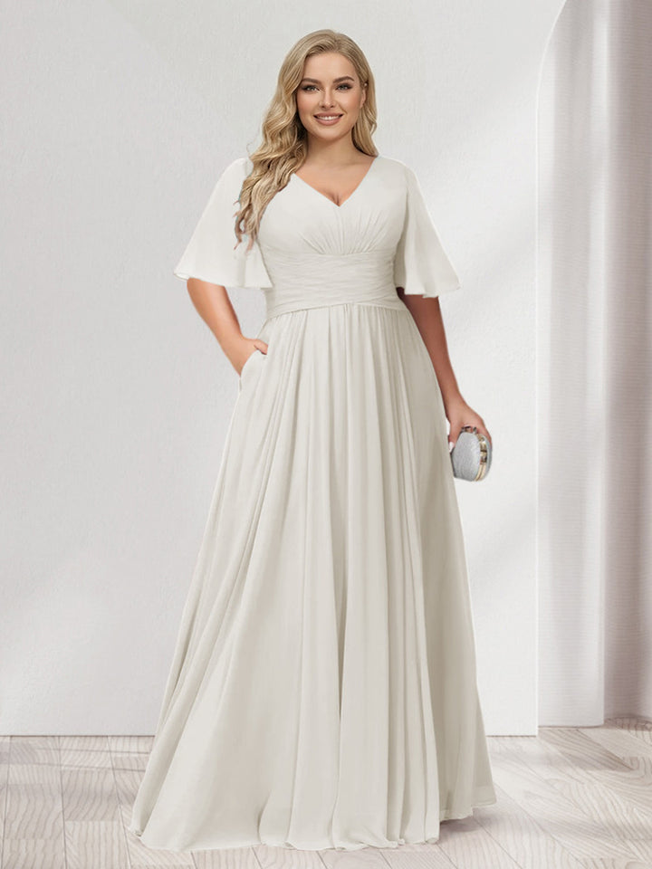 A-Line/Princess V-Neck Half Sleeves Chiffon Plus Size Bridesmaid Dresses with Pockets
