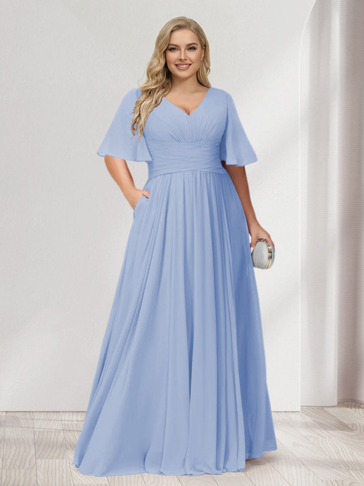 A-Line/Princess V-Neck Half Sleeves Chiffon Plus Size Bridesmaid Dresses with Pockets