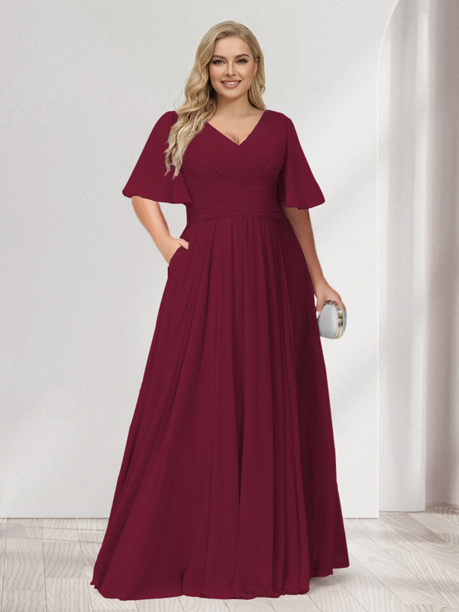 A-Line/Princess V-Neck Half Sleeves Chiffon Plus Size Bridesmaid Dresses with Pockets