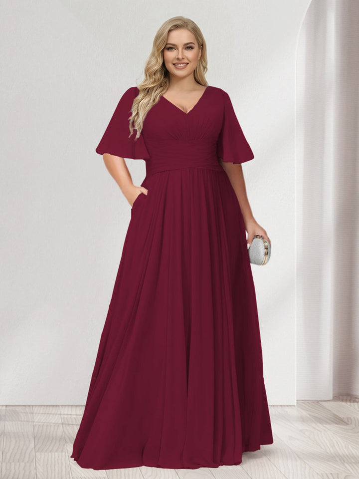 A-Line/Princess V-Neck Half Sleeves Chiffon Plus Size Bridesmaid Dresses with Pockets