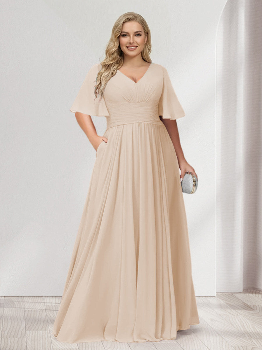 A-Line/Princess V-Neck Half Sleeves Chiffon Plus Size Bridesmaid Dresses with Pockets