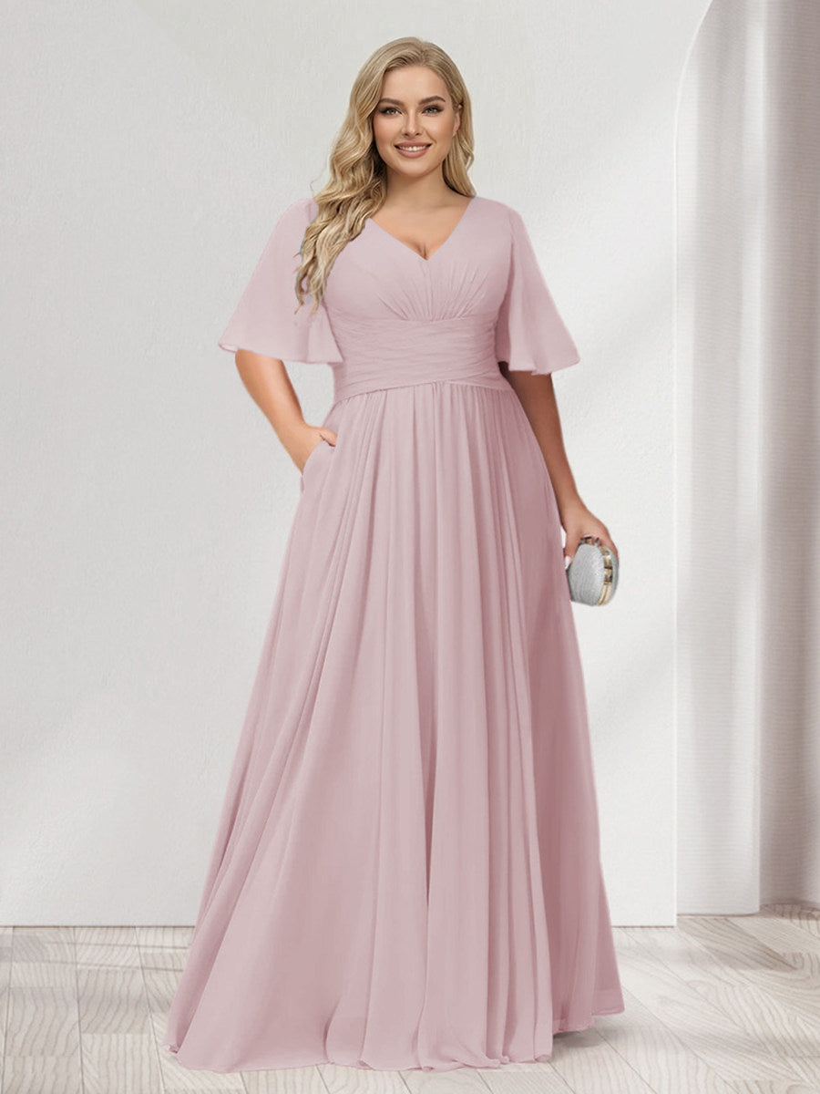 A-Line/Princess V-Neck Half Sleeves Chiffon Plus Size Bridesmaid Dresses with Pockets