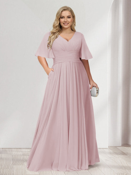 A-Line/Princess V-Neck Half Sleeves Chiffon Plus Size Bridesmaid Dresses with Pockets