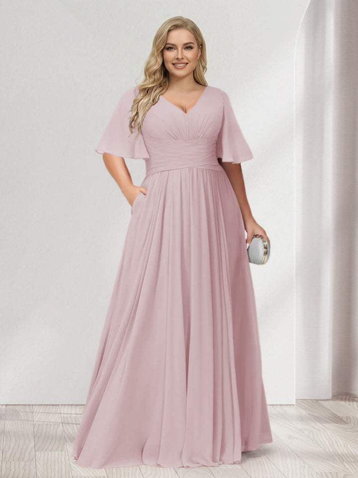 A-Line/Princess V-Neck Half Sleeves Chiffon Plus Size Bridesmaid Dresses with Pockets
