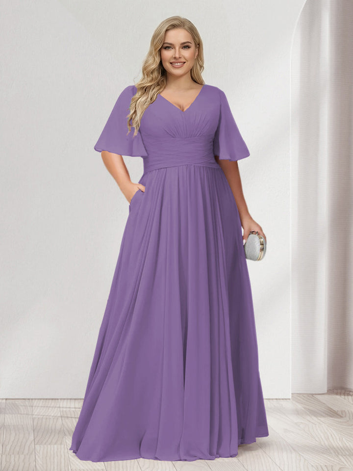 A-Line/Princess V-Neck Half Sleeves Chiffon Plus Size Bridesmaid Dresses with Pockets
