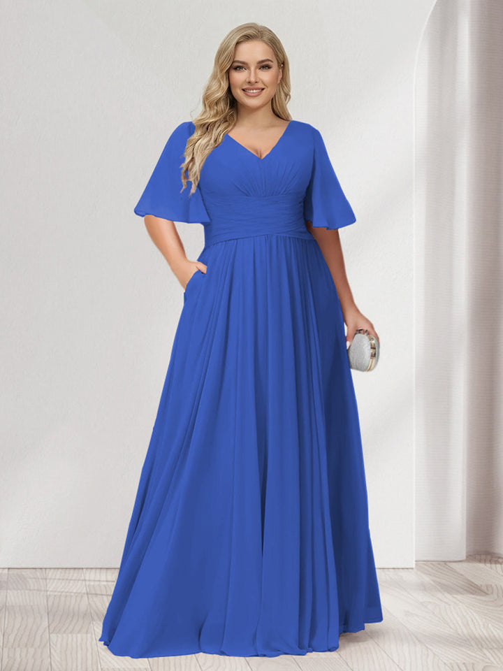 A-Line/Princess V-Neck Half Sleeves Chiffon Plus Size Bridesmaid Dresses with Pockets