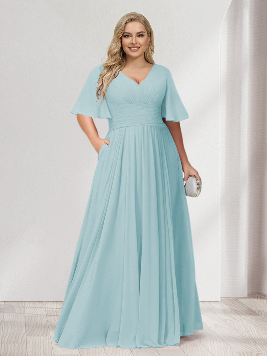 A-Line/Princess V-Neck Half Sleeves Chiffon Plus Size Bridesmaid Dresses with Pockets