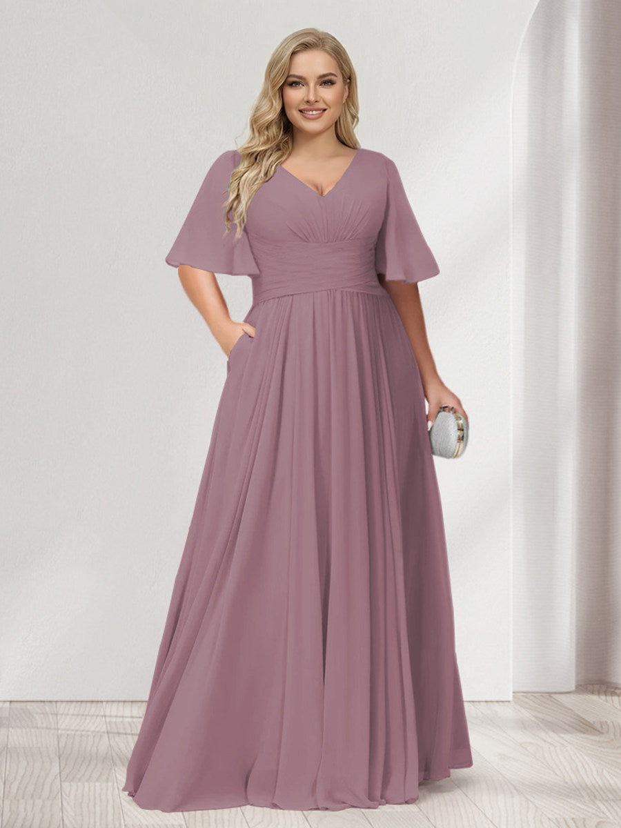 Lavetir Mauve A-Line/Princess V-Neck Half Sleeves Chiffon Plus Size Bridesmaid Dresses with Pockets 2026