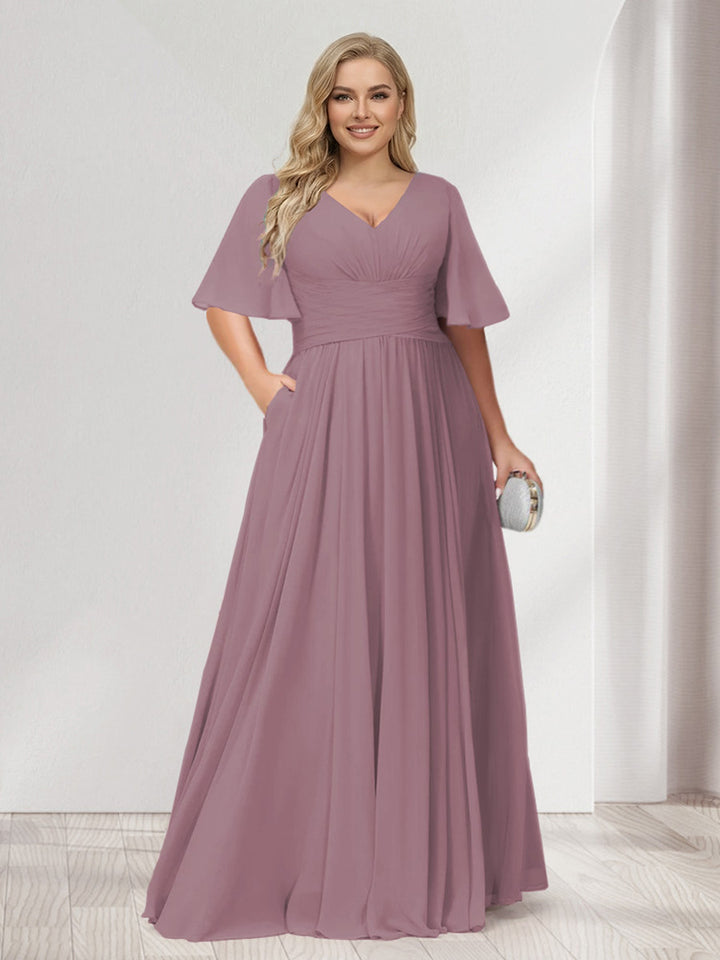 A-Line/Princess V-Neck Half Sleeves Chiffon Plus Size Bridesmaid Dresses with Pockets