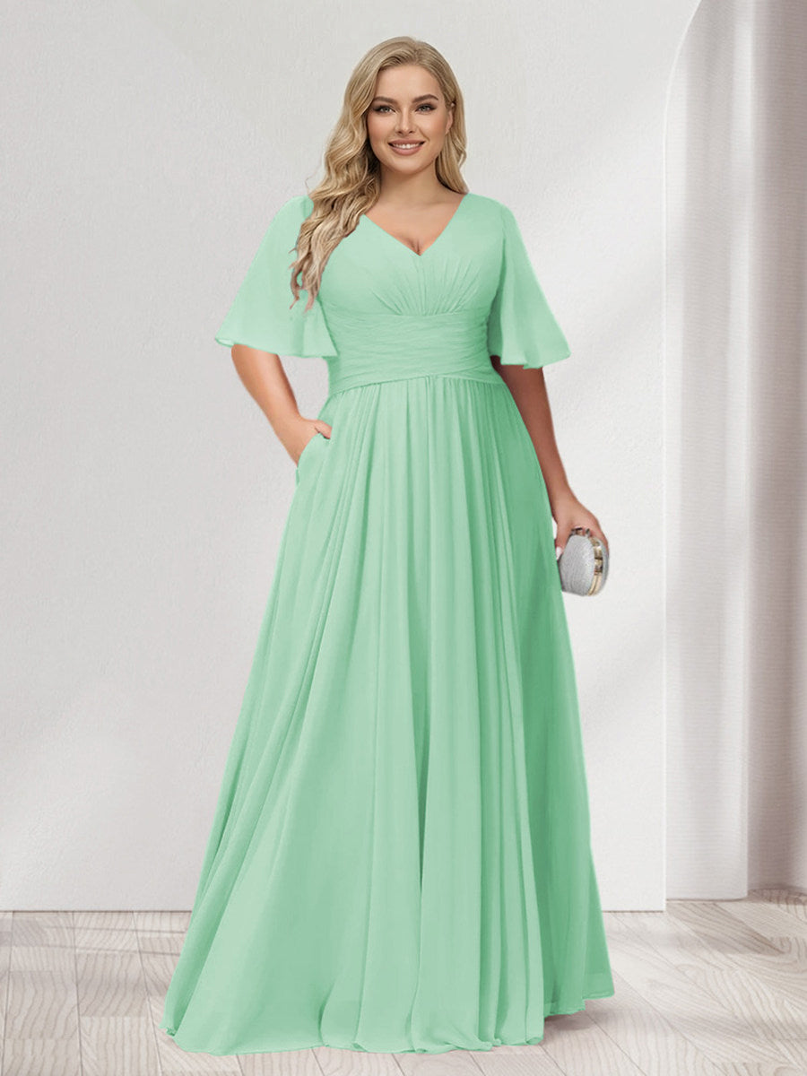 A-Line/Princess V-Neck Half Sleeves Chiffon Plus Size Bridesmaid Dresses with Pockets