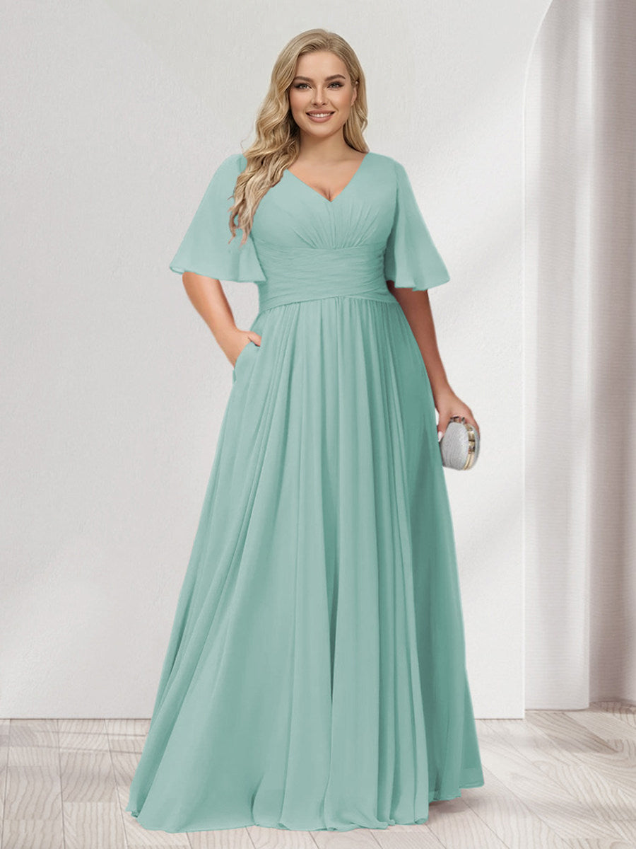 A-Line/Princess V-Neck Half Sleeves Chiffon Plus Size Bridesmaid Dresses with Pockets