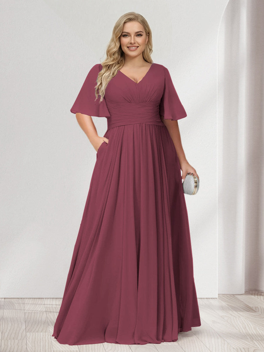 A-Line/Princess V-Neck Half Sleeves Chiffon Plus Size Bridesmaid Dresses with Pockets