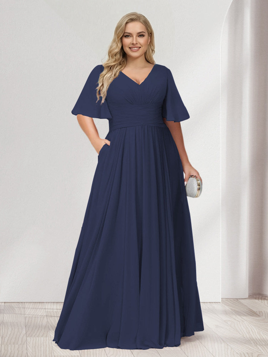 A-Line/Princess V-Neck Half Sleeves Chiffon Plus Size Bridesmaid Dresses with Pockets