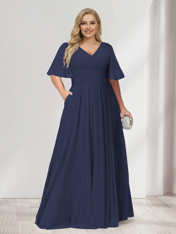 A-Line/Princess V-Neck Half Sleeves Chiffon Plus Size Bridesmaid Dresses with Pockets