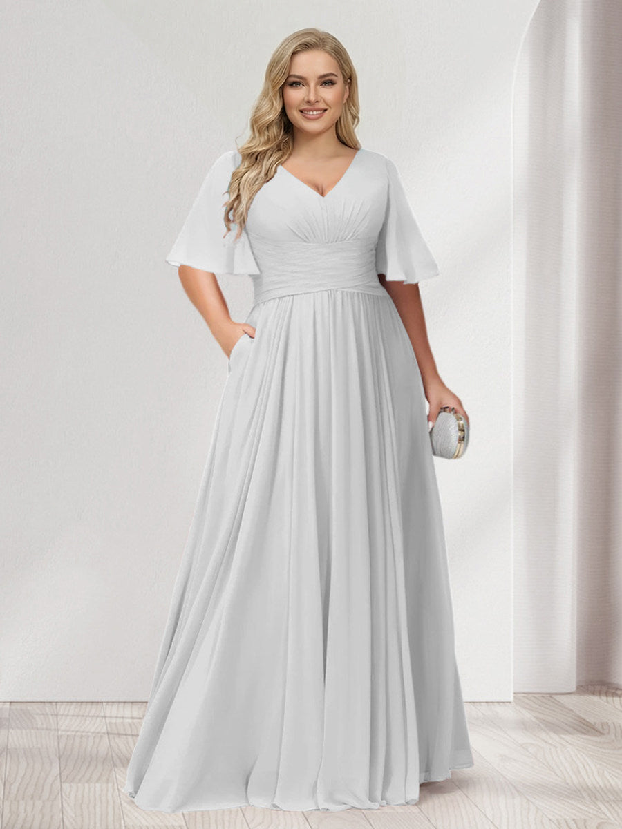 A-Line/Princess V-Neck Half Sleeves Chiffon Plus Size Bridesmaid Dresses with Pockets