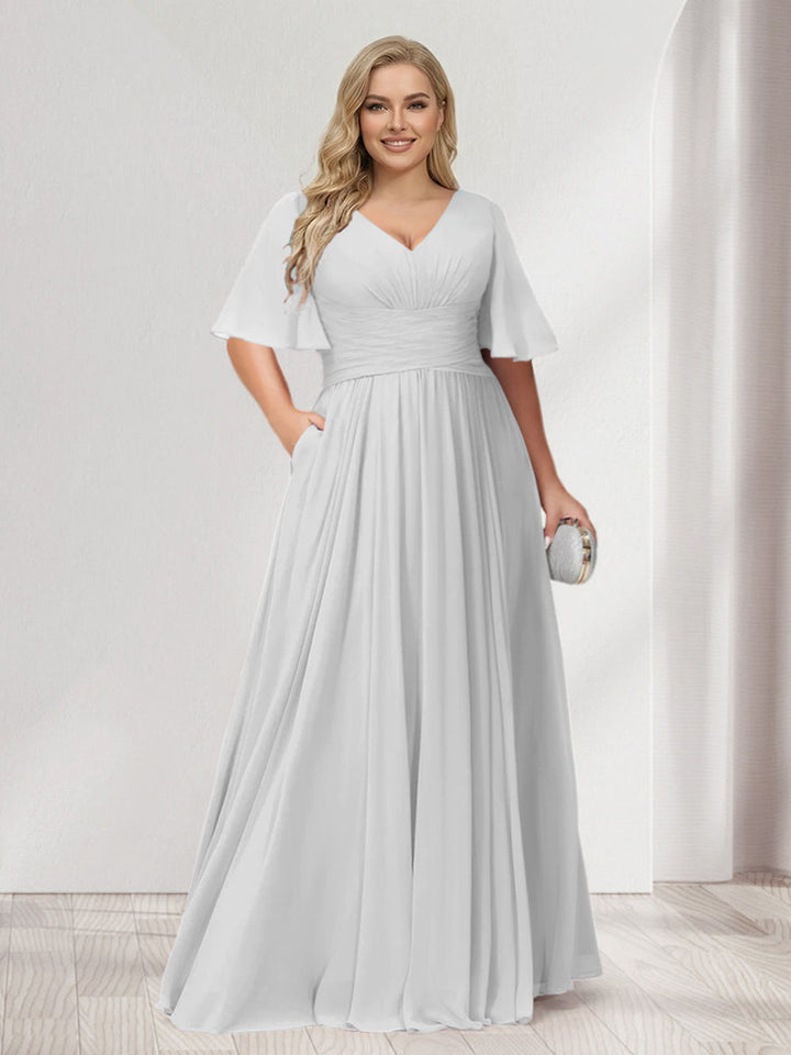 A-Line/Princess V-Neck Half Sleeves Chiffon Plus Size Bridesmaid Dresses with Pockets