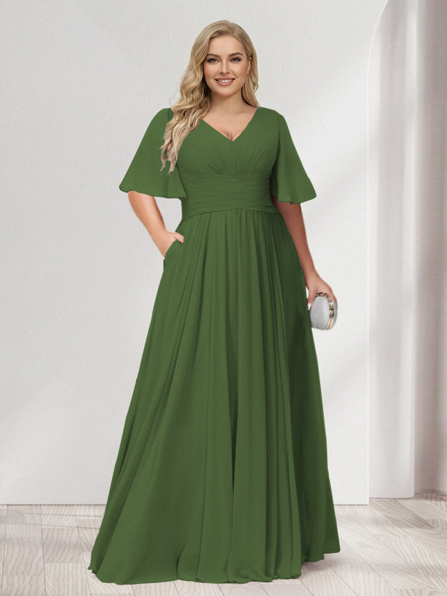 A-Line/Princess V-Neck Half Sleeves Chiffon Plus Size Bridesmaid Dresses with Pockets