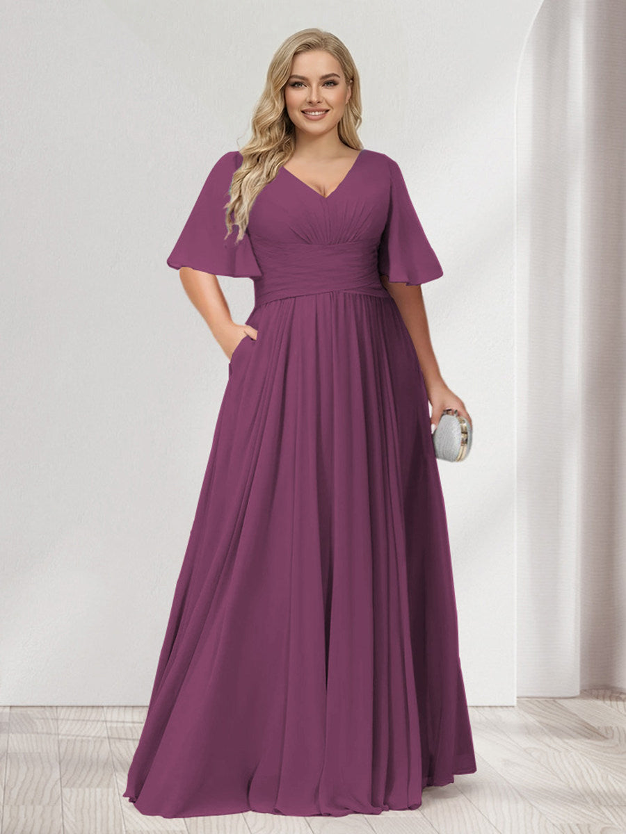 A-Line/Princess V-Neck Half Sleeves Chiffon Plus Size Bridesmaid Dresses with Pockets