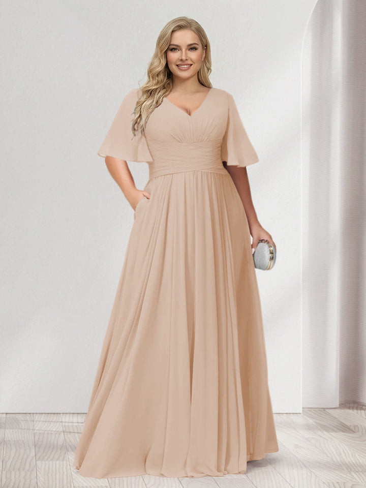 A-Line/Princess V-Neck Half Sleeves Chiffon Plus Size Bridesmaid Dresses with Pockets