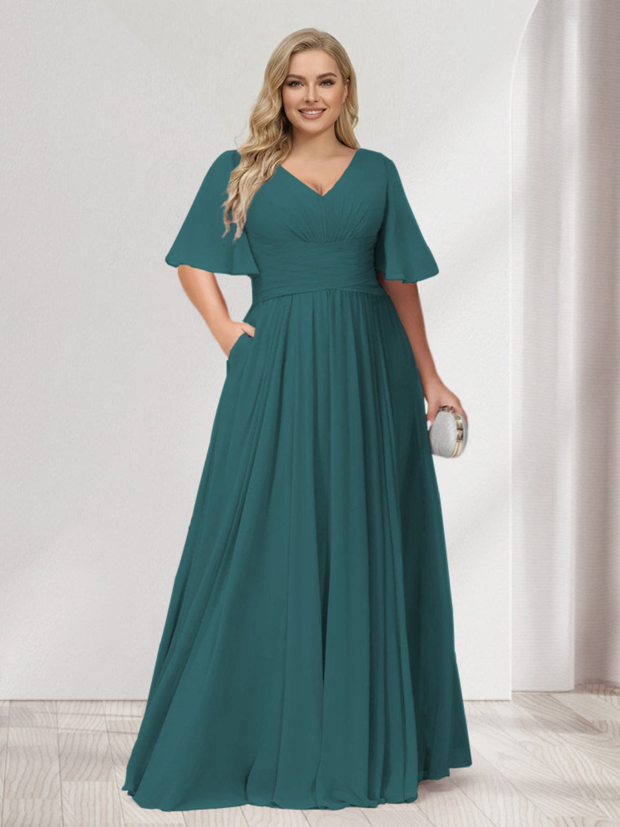A-Line/Princess V-Neck Half Sleeves Chiffon Plus Size Bridesmaid Dresses with Pockets