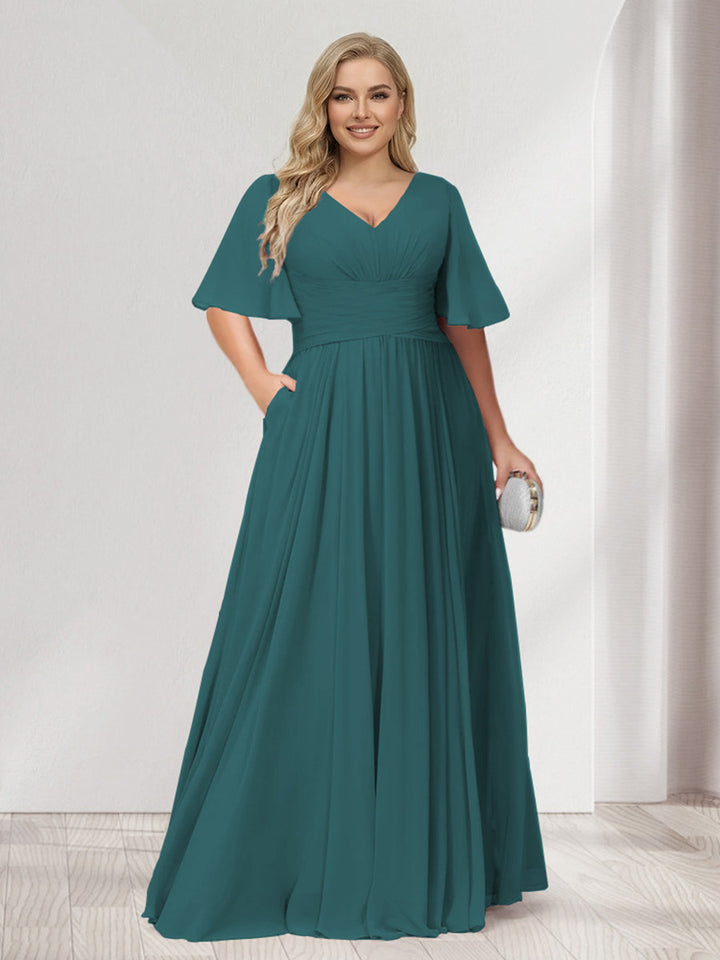 A-Line/Princess V-Neck Half Sleeves Chiffon Plus Size Bridesmaid Dresses with Pockets