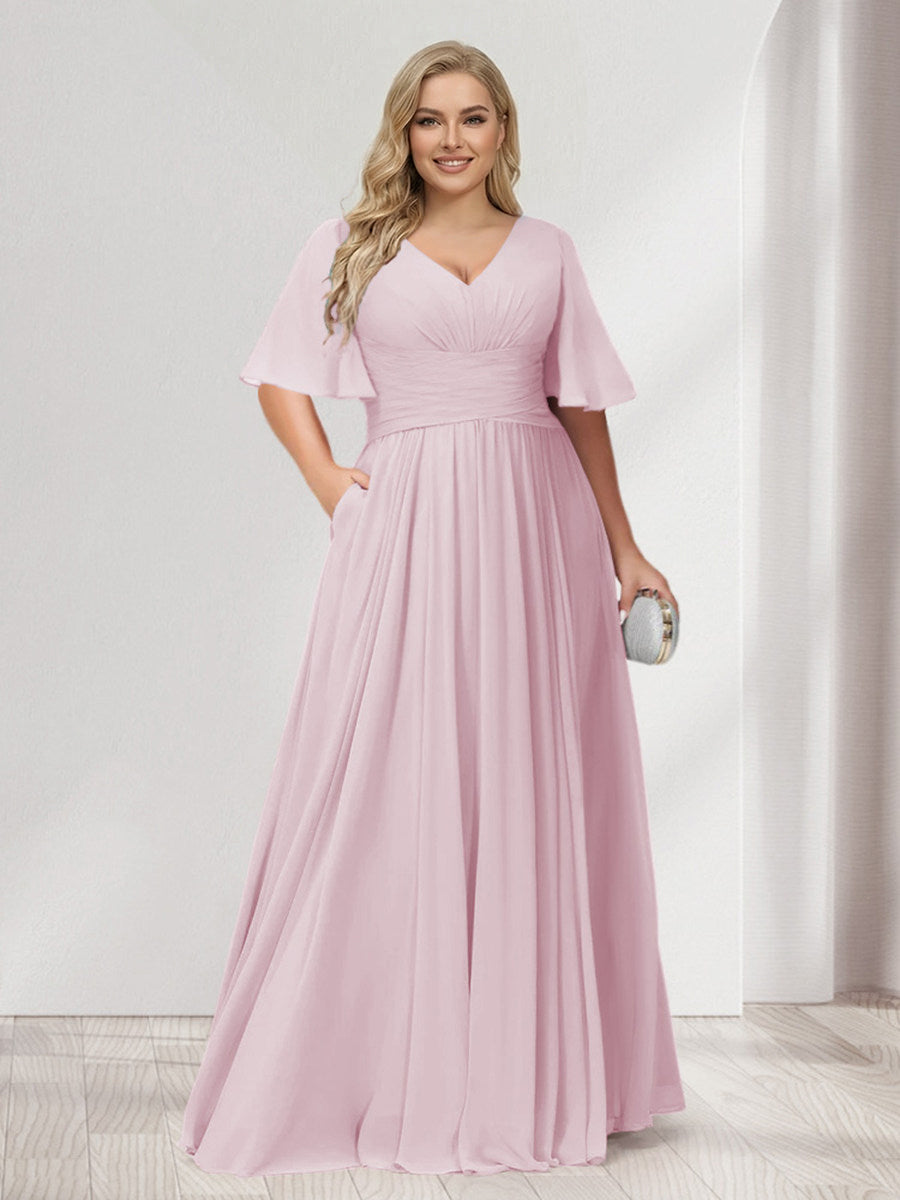 Lavetir Light Pink A-Line/Princess V-Neck Half Sleeves Chiffon Plus Size Bridesmaid Dresses with Pockets 2026