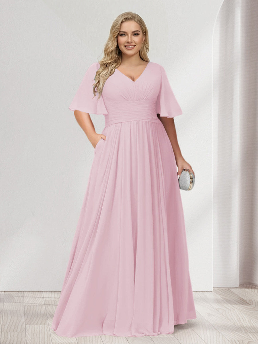 A-Line/Princess V-Neck Half Sleeves Chiffon Plus Size Bridesmaid Dresses with Pockets