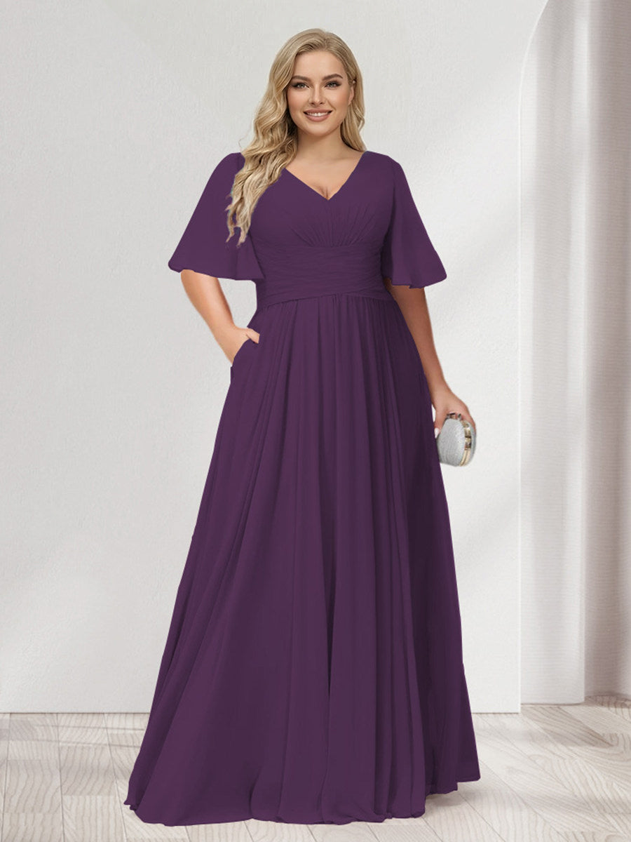 A-Line/Princess V-Neck Half Sleeves Chiffon Plus Size Bridesmaid Dresses with Pockets