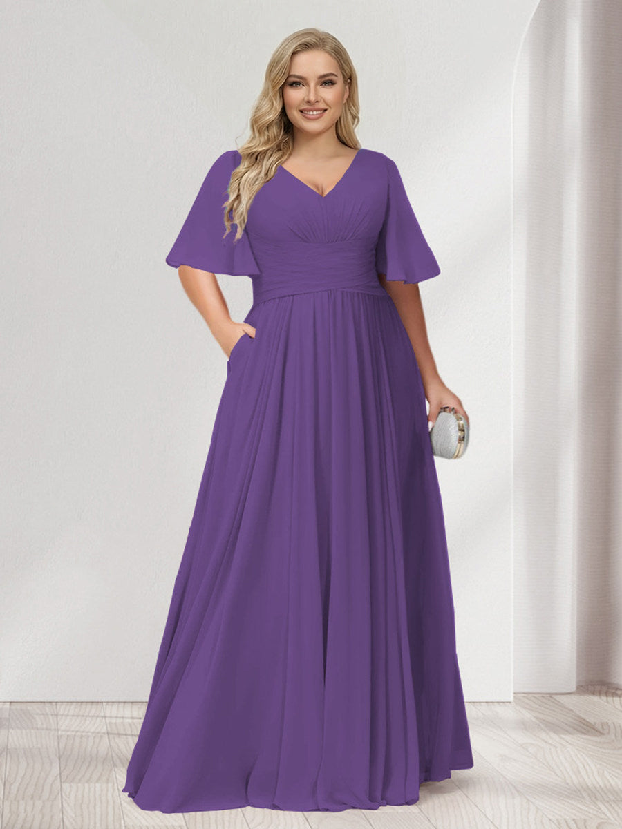 A-Line/Princess V-Neck Half Sleeves Chiffon Plus Size Bridesmaid Dresses with Pockets