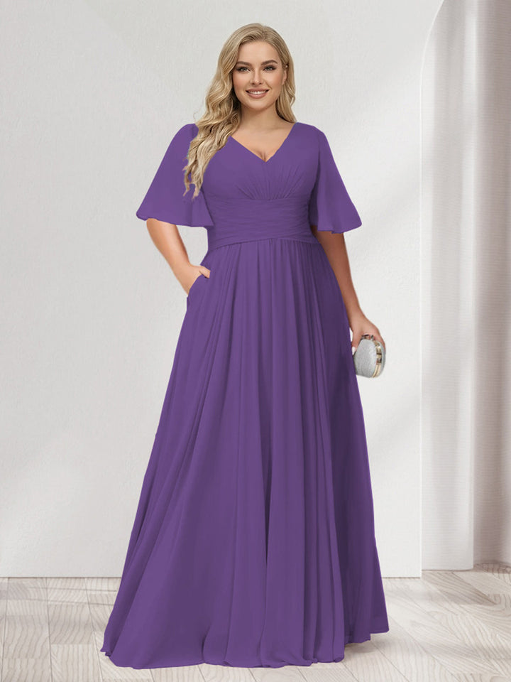 A-Line/Princess V-Neck Half Sleeves Chiffon Plus Size Bridesmaid Dresses with Pockets