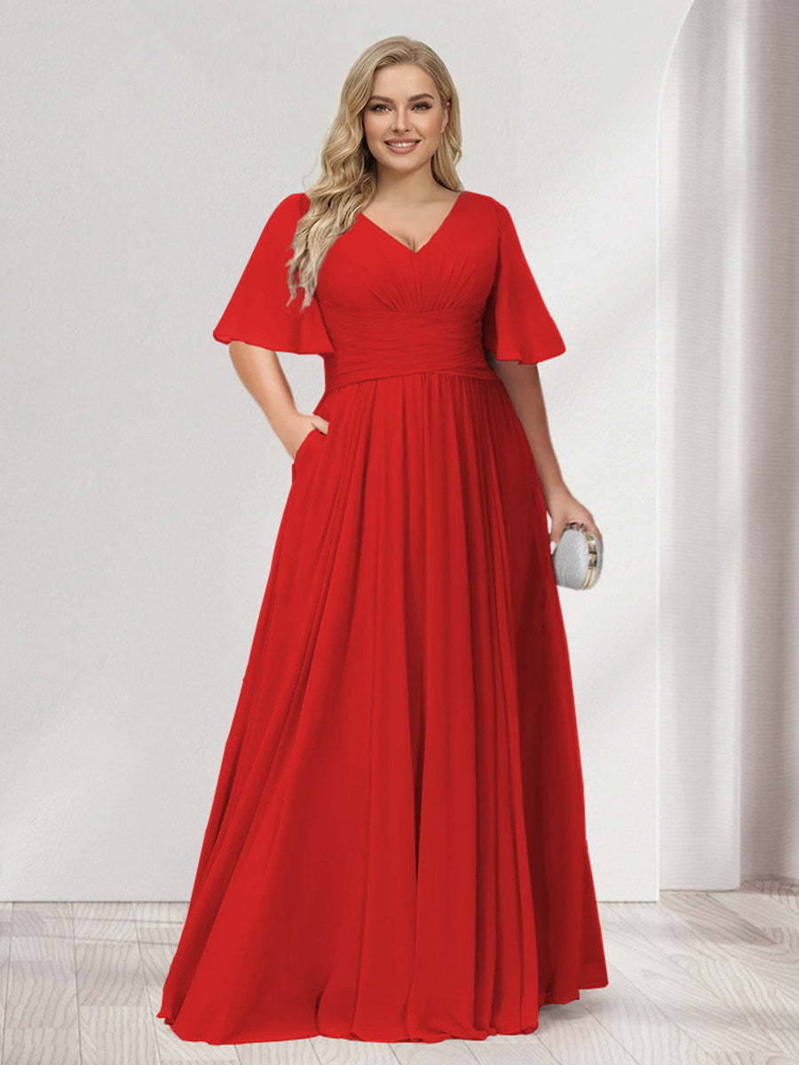 A-Line/Princess V-Neck Half Sleeves Chiffon Plus Size Bridesmaid Dresses with Pockets