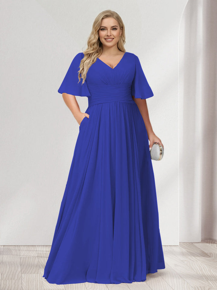 A-Line/Princess V-Neck Half Sleeves Chiffon Plus Size Bridesmaid Dresses with Pockets