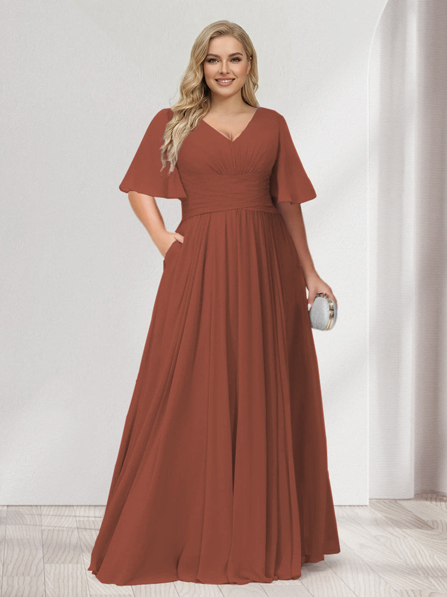 A-Line/Princess V-Neck Half Sleeves Chiffon Plus Size Bridesmaid Dresses with Pockets