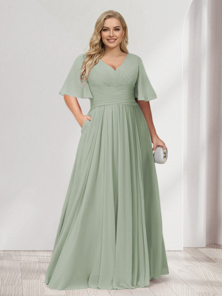 A-Line/Princess V-Neck Half Sleeves Chiffon Plus Size Bridesmaid Dresses with Pockets