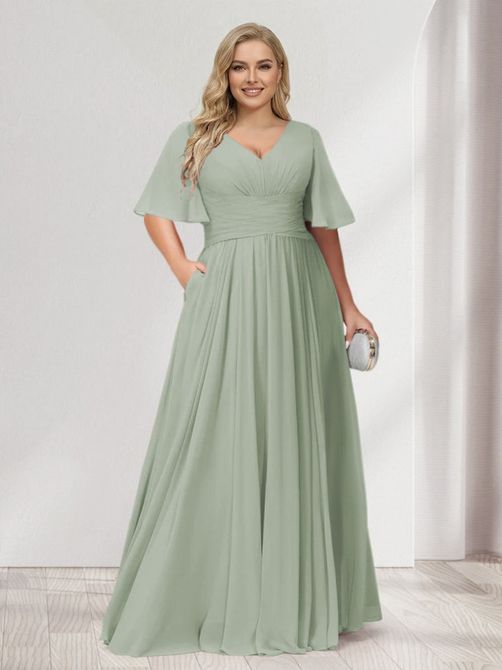 A-Line/Princess V-Neck Half Sleeves Chiffon Plus Size Bridesmaid Dresses with Pockets