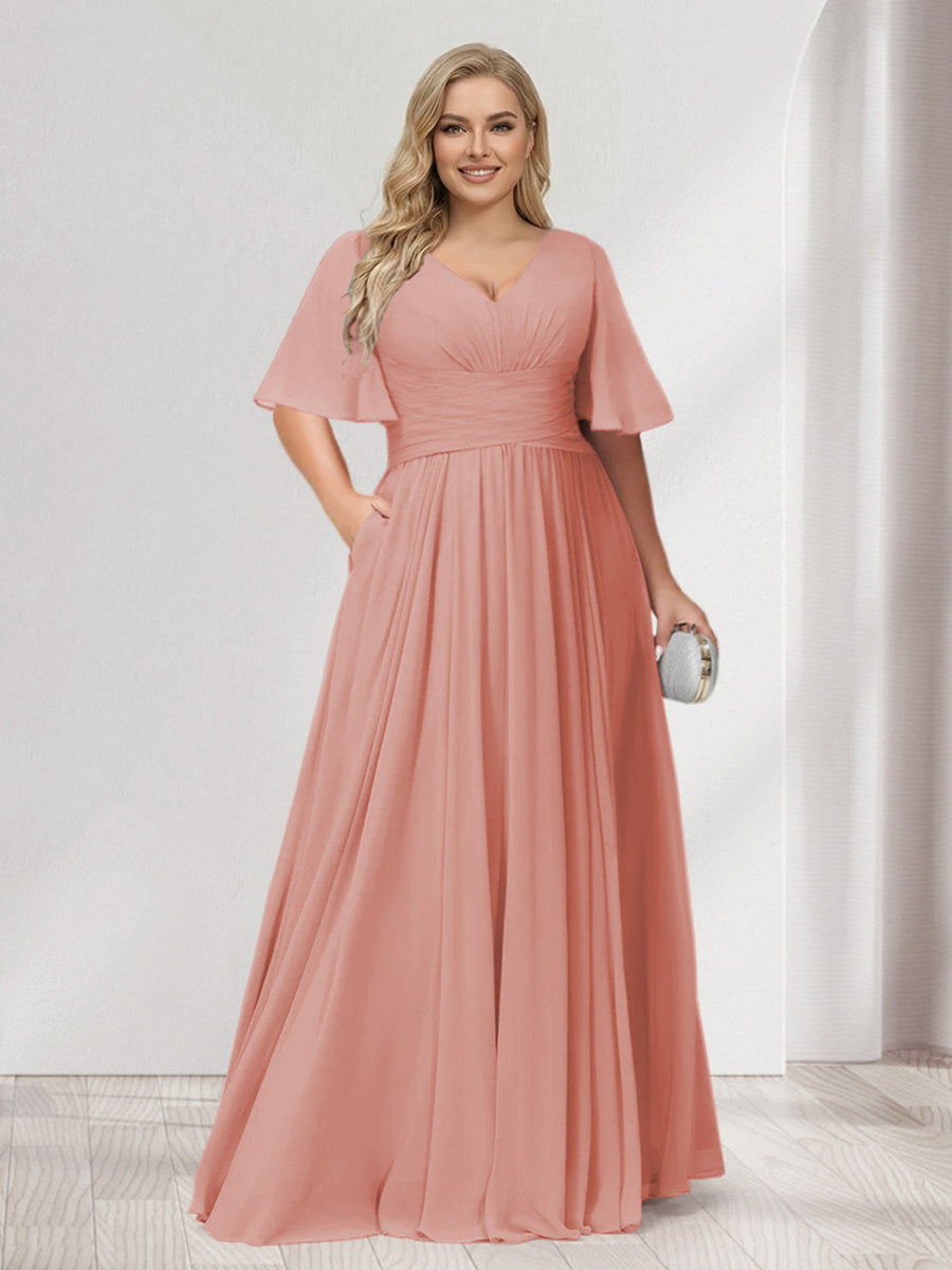 Lavetir Dusty Rose A-Line/Princess V-Neck Half Sleeves Chiffon Plus Size Bridesmaid Dresses with Pockets 2026