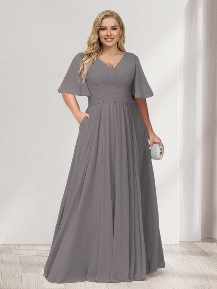 A-Line/Princess V-Neck Half Sleeves Chiffon Plus Size Bridesmaid Dresses with Pockets