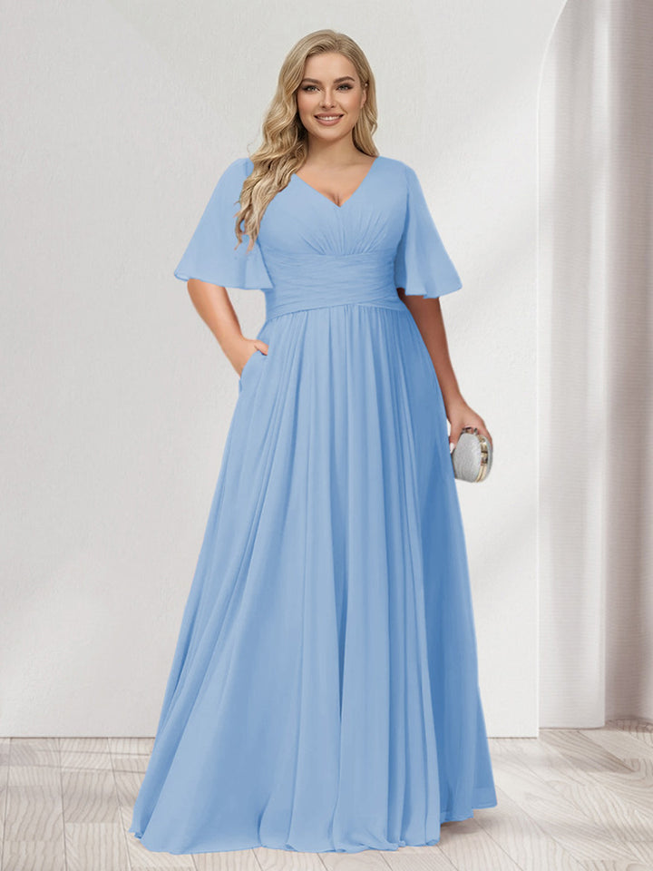 A-Line/Princess V-Neck Half Sleeves Chiffon Plus Size Bridesmaid Dresses with Pockets