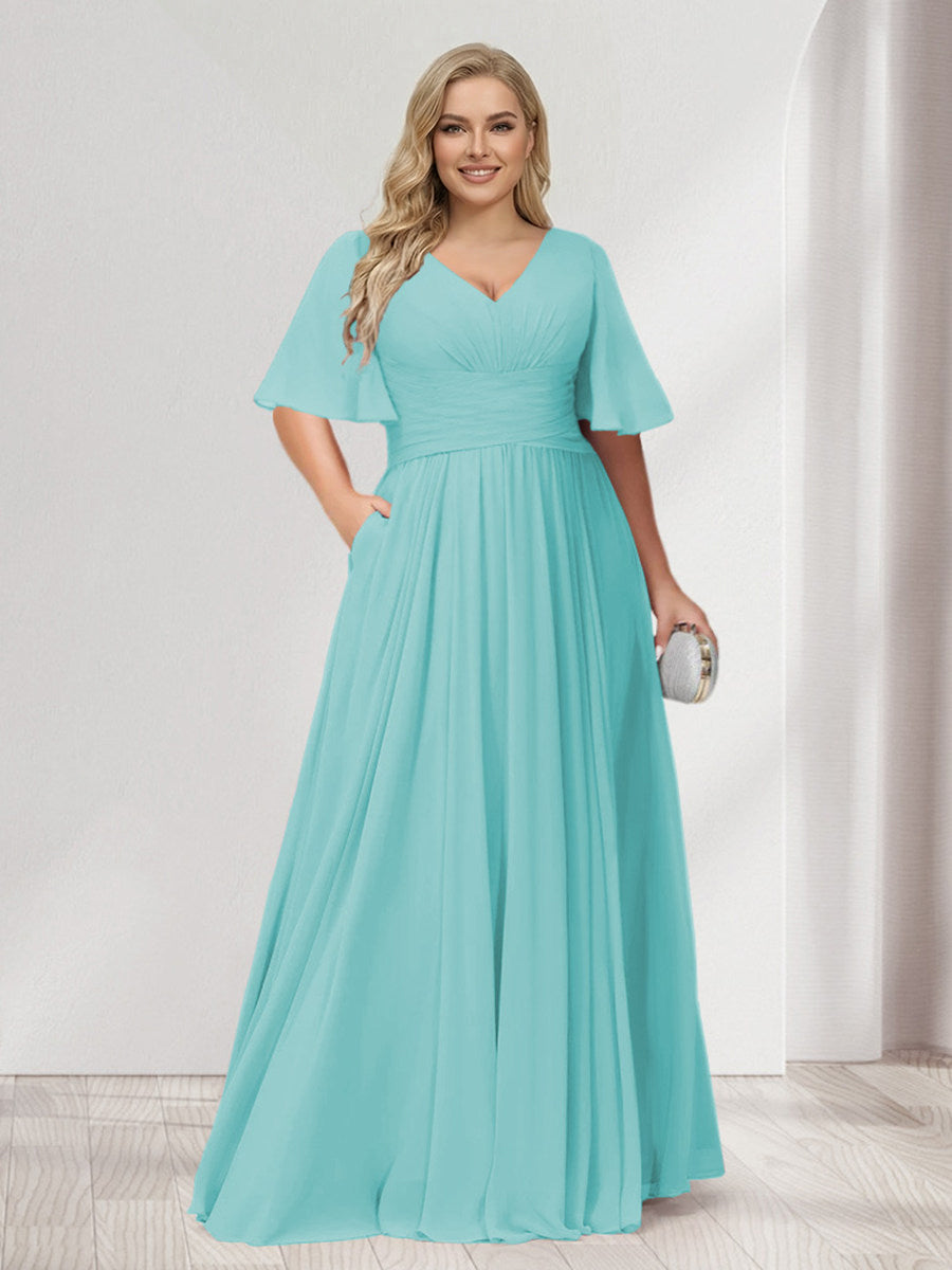 A-Line/Princess V-Neck Half Sleeves Chiffon Plus Size Bridesmaid Dresses with Pockets