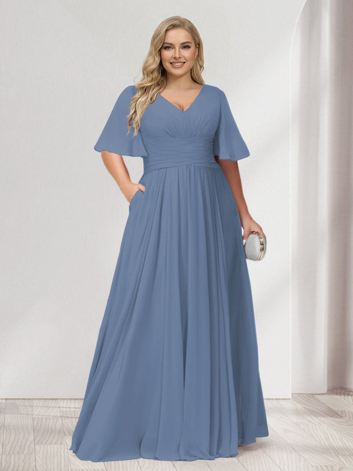 A-Line/Princess V-Neck Half Sleeves Chiffon Plus Size Bridesmaid Dresses with Pockets